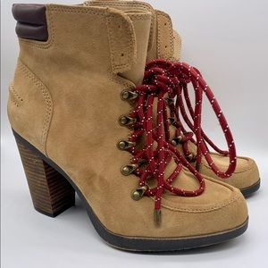 Gianni Bini Tan Suede Leather Red Lace Heel Boots